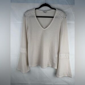 Lucky Brand V Neck Long Bell Sleeve CottageCore Knit Shirt Size XS Cream